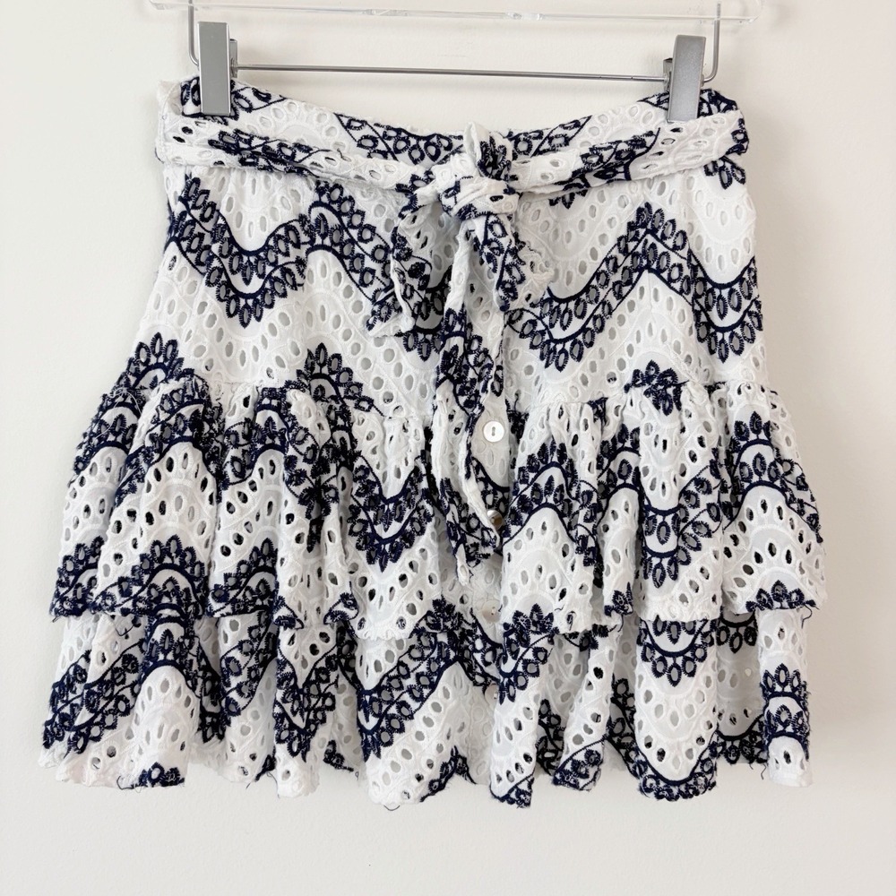 Aqua Bloomingdale's Eyelet Tiered Ruffle Mini Skirt Navy White Small Boho